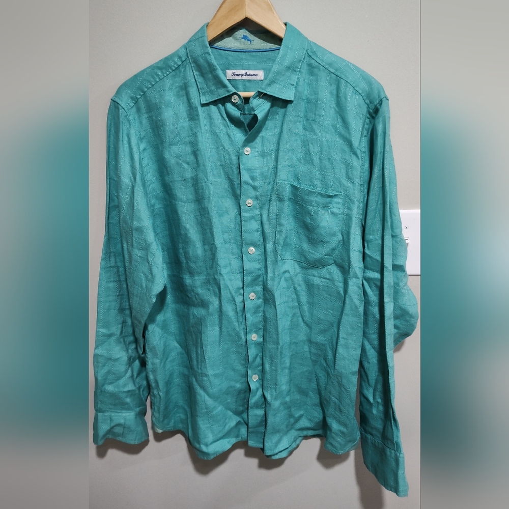 Tommy Bahama Men's Button Up, Long Sleeve,  Size M, Aqua, 100% Linen Camp Shirt